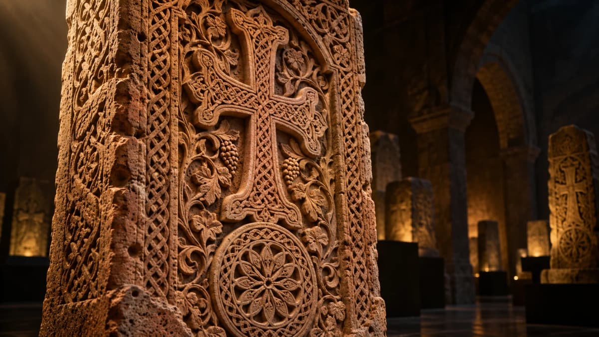 Khachkar-inspired carving: generated artistic study, not a reproduction of a particular historical cross-stone.