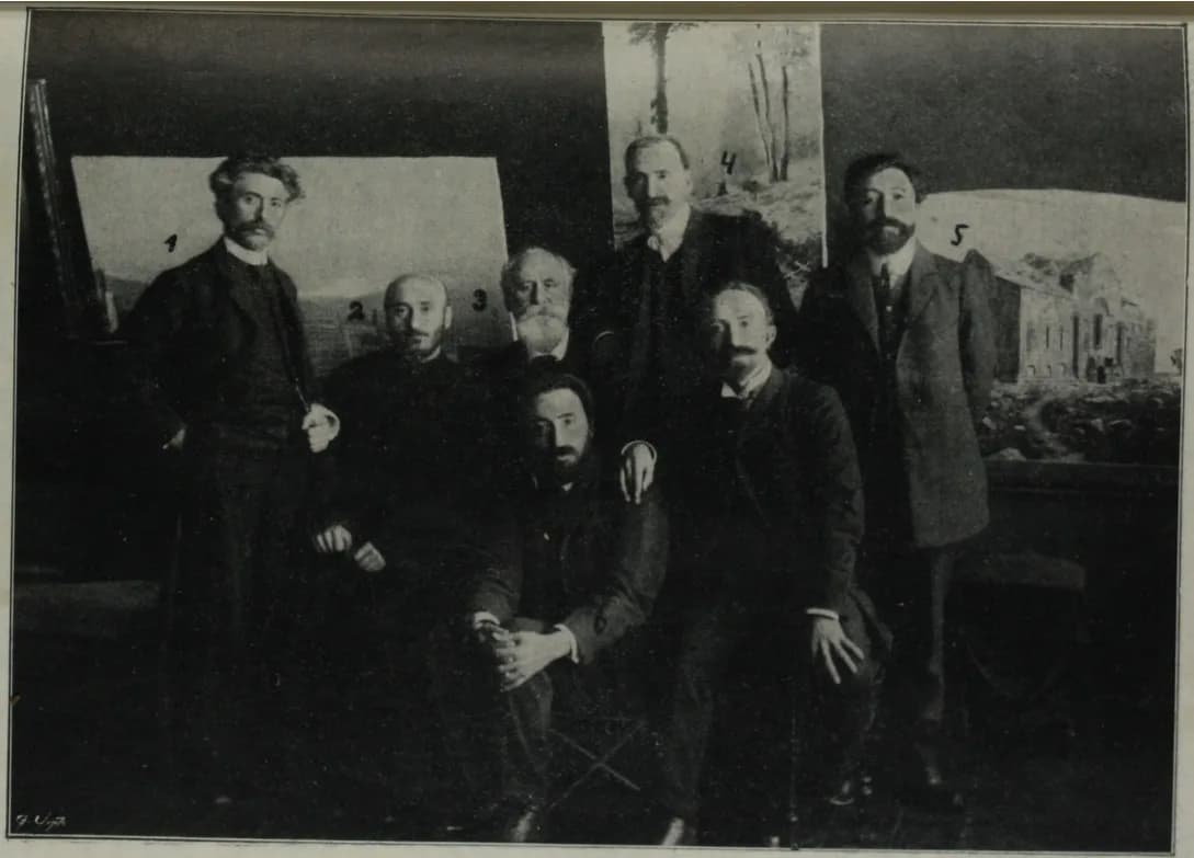 Historical portrait: Avetik Isahakyan. Armenian intellectuals, 1908; Avetik Isahakyan is number 5. Teodik, Amenun taretsuytse, 1910 · Public domain · Wikimedia Commons: Armenianintellectuals.jpg