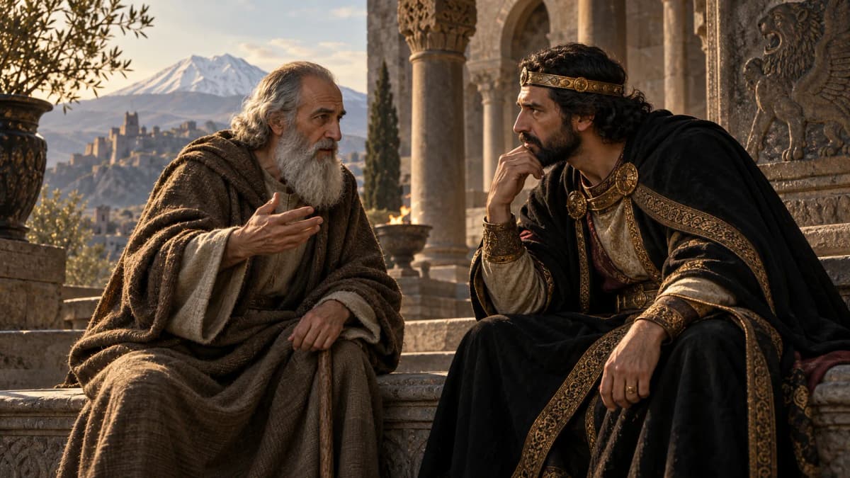 Gregory and Tiridates in dialogue: generated imaginative portraits; their exact appearance is unknown.