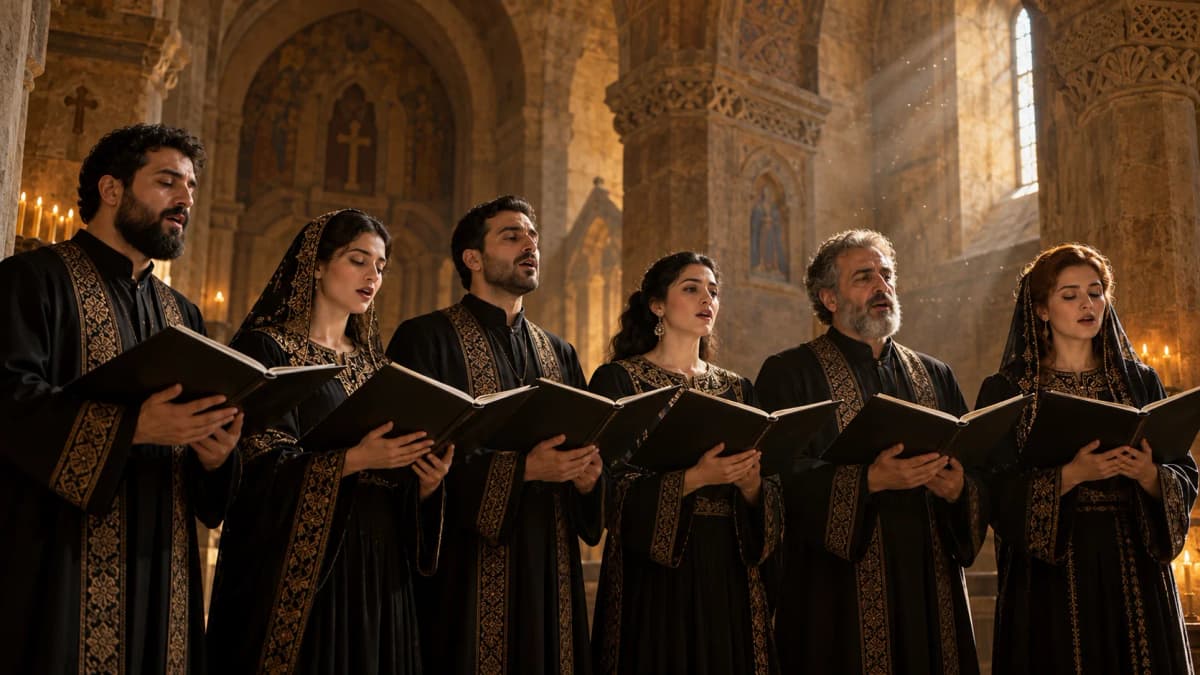 Sacred singing today: generated choir illustration, not a photograph of an identified ensemble.