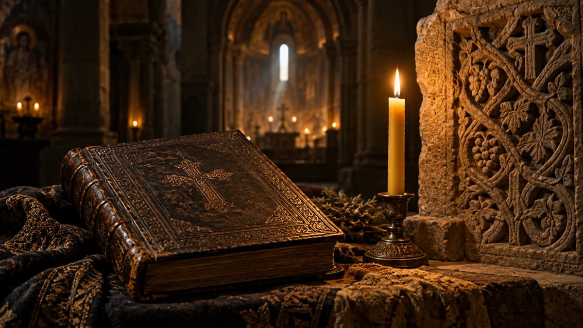 Book, candle and carved stone: generated symbolic still life, not a photograph of Etchmiadzin or a specific artifact.
