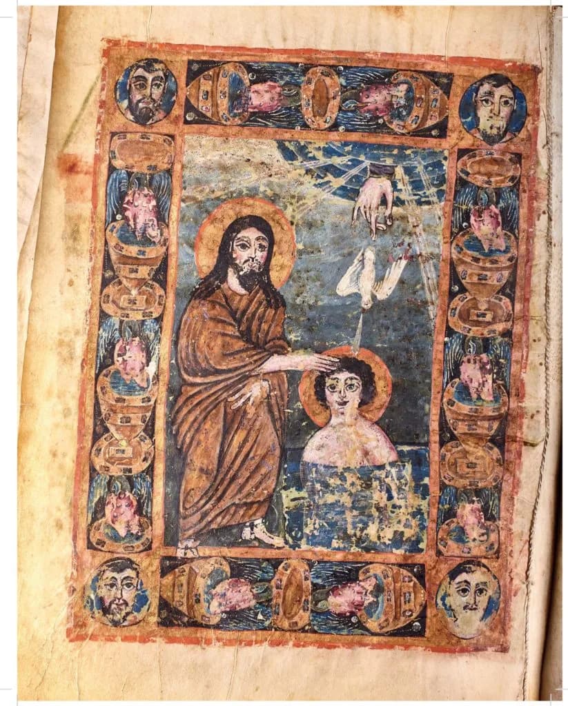 Baptism of Christ, an early miniature attached to the Etchmiadzin Gospel. Photograph: Matenadaran.