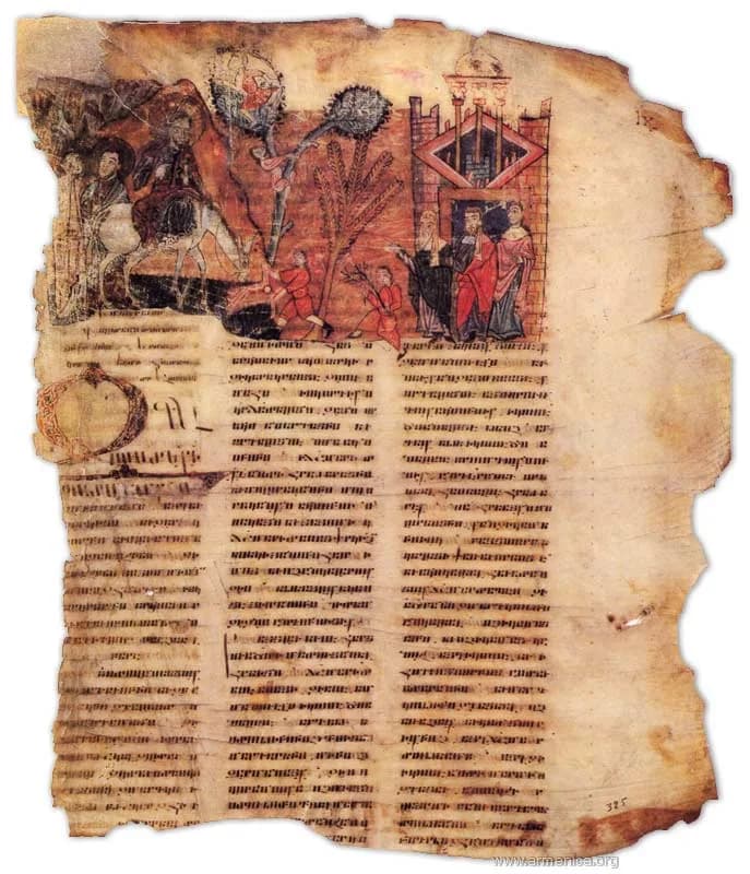 Entry into Jerusalem, Mush Homiliary, Matenadaran MS 7729. Reproduction: Wikimedia Commons, public domain.